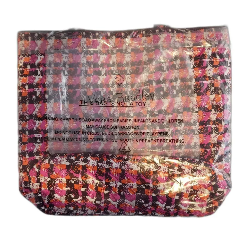 VERA BRADLEY Houndstooth Tweed Tote Pink Orange Quilted Cotton Handbag NEW